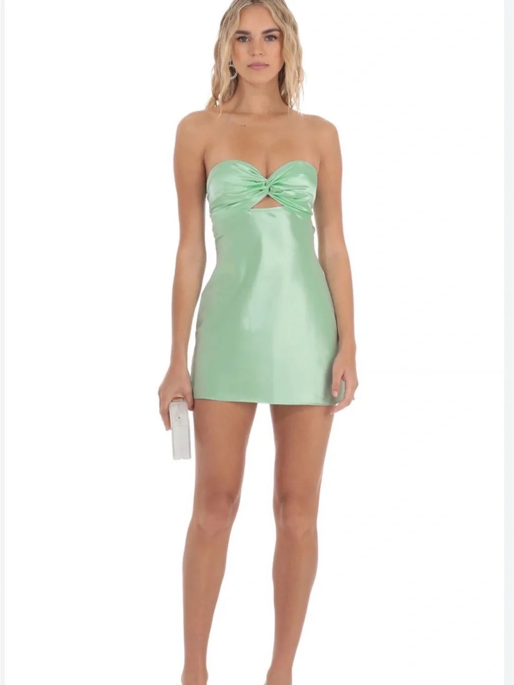 Lucy in the Sky Satin Twist Cutout Dress in Mint Green - Picture 2 of 2